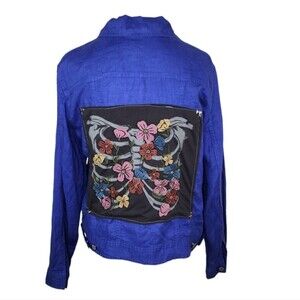 Boneyard Threadz Blue Linen Biker Jacket Upcycled With Floral Ribcage Graphic